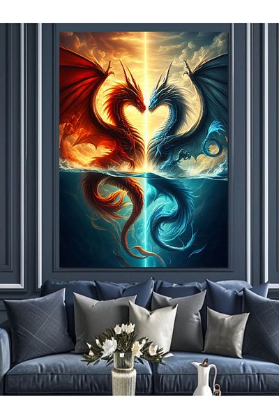 Tablomega Two Dragons and Heart Shaped Pattern Decorative Canvas - Mdf Wood Painting