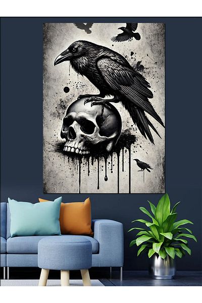 Tablomega Skull and Crow Design Decorative Canvas - Mdf Wood Painting