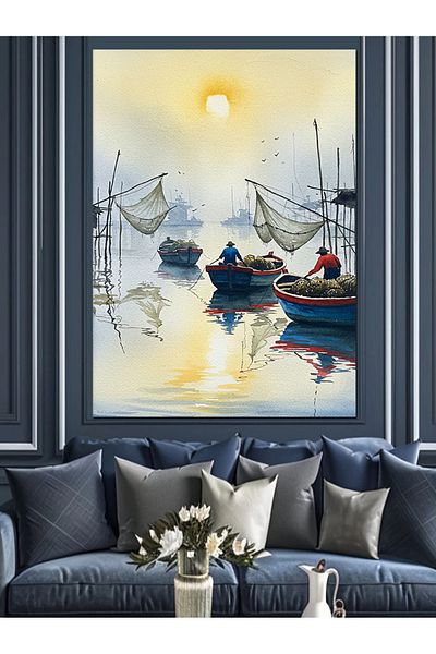 Tablomega Fishing Boats Drawing Decorative Canvas - Mdf Wooden Painting
