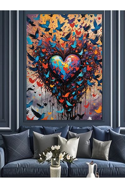 Tablomega Colorful Heart and Birds Decorative Canvas - Mdf Wooden Painting