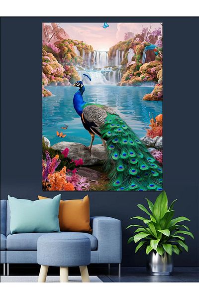 Tablomega Forest Waterfall Landscape and Peacock Decorative Canvas - Mdf Wooden Painting