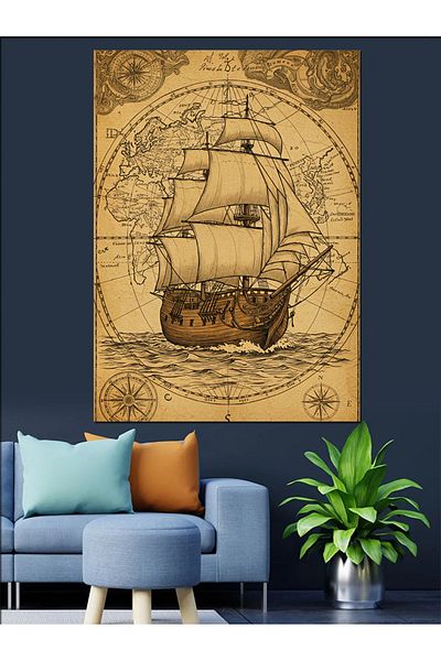 Tablomega Pânză decorativă cu design de nave și hărți antice - pictură din lemn MDF