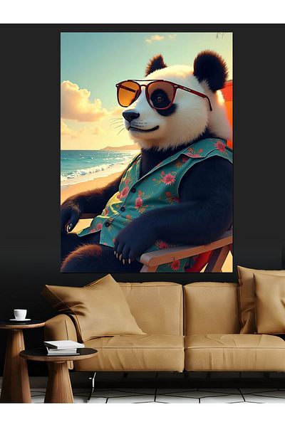 Tablomega Panda with Glasses on the Beach Decorative Canvas - Mdf Wooden Painting