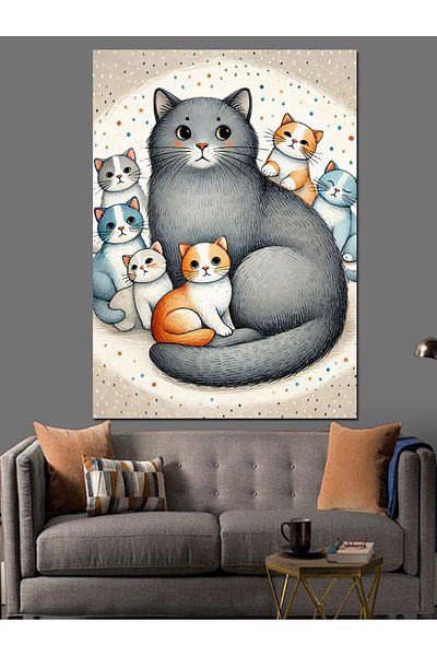 Tablomega Pânză decorativă cu desen de familie de pisici - pictură din lemn MDF
