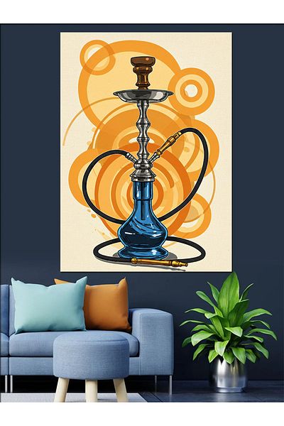 Tablomega Hookah and Abstract Lines Decorative Canvas - Mdf Wooden Painting