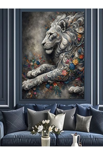 Tablomega Gray Lion and Flower Patterns Decorative Canvas - Mdf Wooden Painting