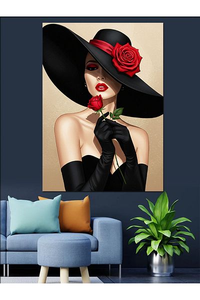 Tablomega Red Rose and Elegant Woman Decorative Canvas - Mdf Wooden Painting