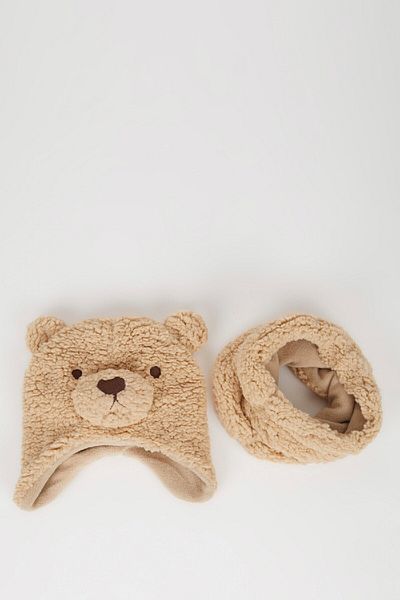 DeFacto Baby Boy Embroidered 2-Piece Plush Scarf Beanie C8549A524Wn