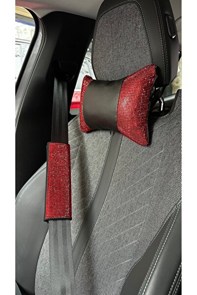 Fox Kırmızı Taşlı Tüm Araçlara Uyumlu Şık Boyun Yastığı ve Emniyet Kemer Seti