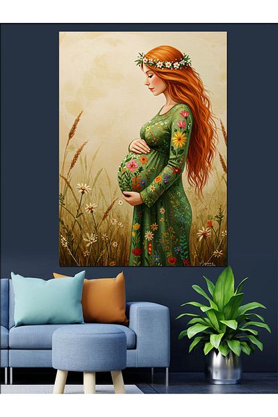 Tablomega Pregnant Woman and Flowers Decorative Canvas - Mdf Wooden Painting