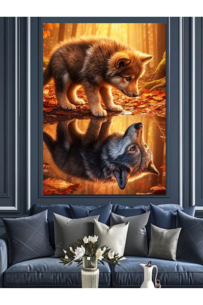 Tablomega Water Facing Baby Wolf and Autumn Decorative Canvas - Mdf Wooden Painting