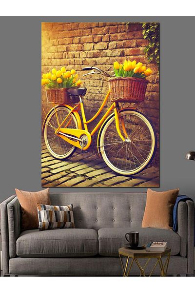 Tablomega Bicycle and Flowers Decorative Canvas with Yellow Basket - Mdf Wooden Painting