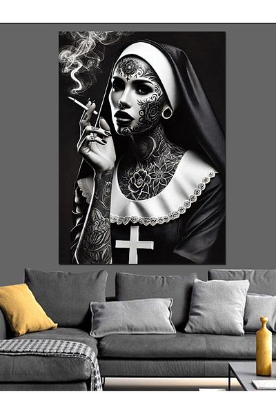 Tablomega Pânză decorativă cu ilustrație de călugăriță tatuată - pictură din lemn MDF