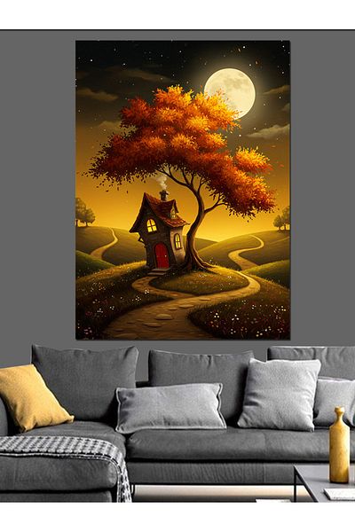 Tablomega Casa magică și copac sub lumină de lună Pânză decorativă - MDF Lemn