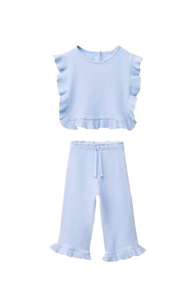 Karan Kids Set Seersucker pentru fetiță, albastru, cu volane, sezon nou