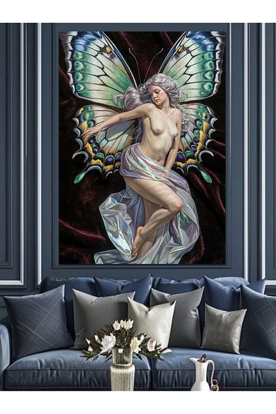 Tablomega Γυναικείο Διακοσμητικό Καμβάς Nude με Πράσινα Φτερά Πεταλούδας - Ξύλινο Πίνακα MDF