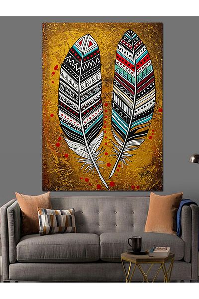 Tablomega Colorful Feathers and Tribal Icon Decorative Canvas - Mdf Wooden Painting