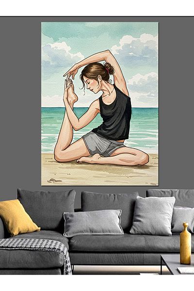 Tablomega Femeie care face yoga pe plaja Pânză decorativă - Lemn MDF