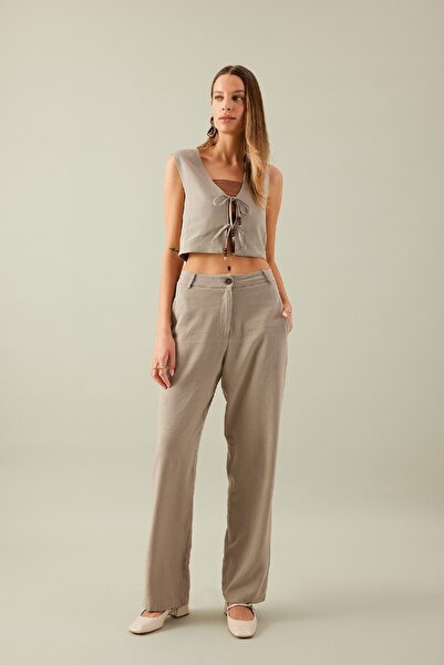 DeFacto Straight Fit High Waist Wide Leg Long Length Linen Blended Pants with Pockets C8644Ax24Sm