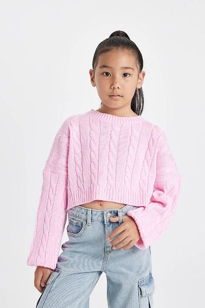 DeFacto Girl's Crop Crew Neck Hair Braided Knitwear Sweater C6934A824Au
