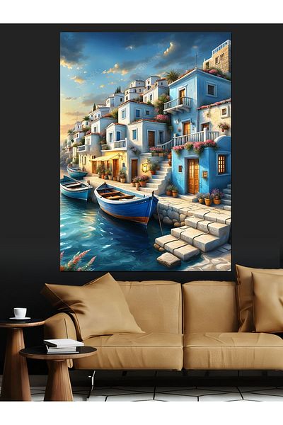 Tablomega Pink Floral Houses and Boats Decorative Canvas - Mdf Wooden Painting