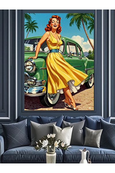 Tablomega Retro Woman and Classic Car Decorative Canvas - Mdf Wood Painting