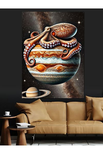 Tablomega Planet and Octopus Drawing Decorative Canvas - Mdf Wooden Painting