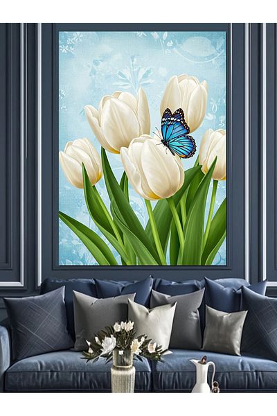 Tablomega Pânză decorativă lalele albe și fluture - pictură din lemn MDF