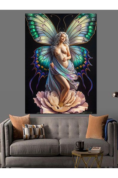 Tablomega Nude Woman with Green Butterfly Wings Decorative Canvas - Mdf Wooden Painting