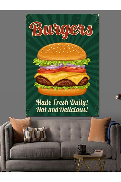 Tablomega Canvas Decorativ Banner Retro Burger - MDF Lemn