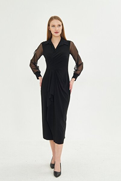 LAMANTE KRUVAZE YAKA SİYAH TASARIM ELBİSE