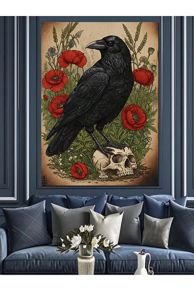 Tablomega Crow and Poppy Flowers Decorative Canvas - Mdf Wooden Painting
