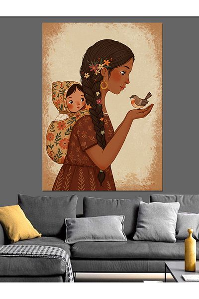 Tablomega Mother and Child with Birds Decorative Canvas - Mdf Wooden Painting