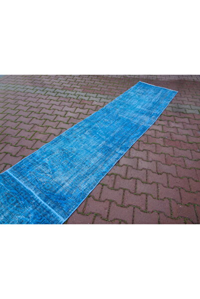 ŞAHMERDANOĞLU Şahmerdanoğlu 80 x 600 Cm El Dokuması Boyama-Vintec, Turkuaz Mavi Yün Yolluk Halı v92