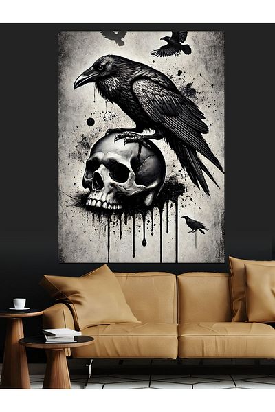 Tablomega Skull and Crow Design Decorative Canvas - Mdf Wood Painting