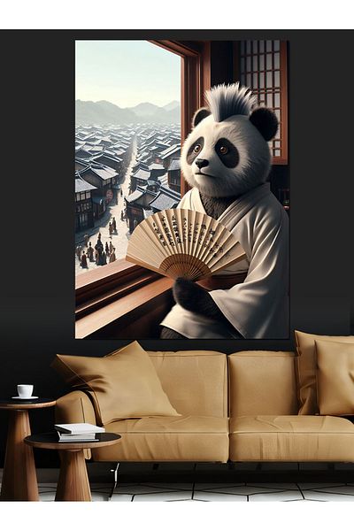 Tablomega Panda with Fan and Far East Decorative Canvas - Mdf Wooden Painting