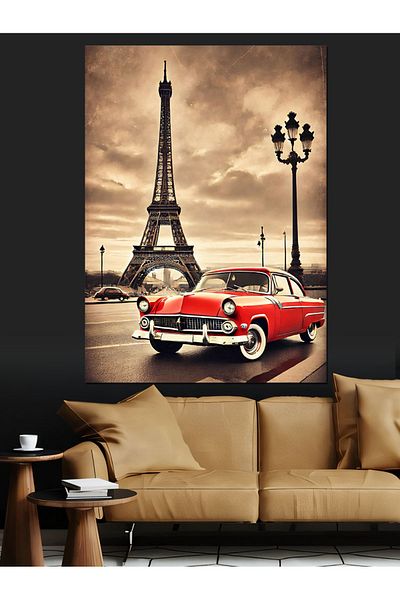 Tablomega Pânză decorativă mașină clasică și turnul Eiffel - pictură din lemn MDF