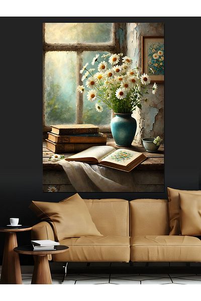Tablomega Old Room Decorative Canvas with Window and Flowers - Mdf Wooden Painting