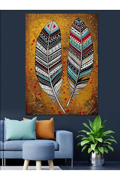 Tablomega Colorful Feathers and Tribal Icon Decorative Canvas - Mdf Wooden Painting
