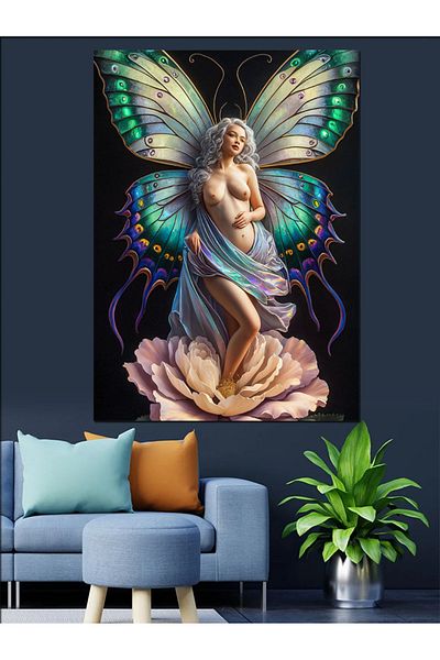 Tablomega Nude Woman with Green Butterfly Wings Decorative Canvas - Mdf Wooden Painting