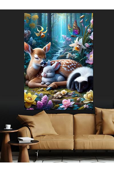 Tablomega Sleeping Baby Animals and Forest Decorative Canvas - Mdf Wooden Painting