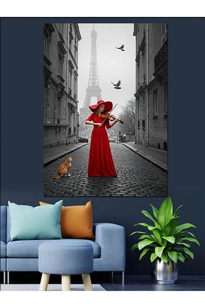 Tablomega Woman and Cat in Red Dress Decorative Canvas - Mdf Wooden Painting