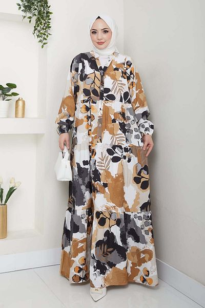 benguen Φόρεμα Hijab με σχέδιο Μπεζ (Μοντέλο Νο. 4731)