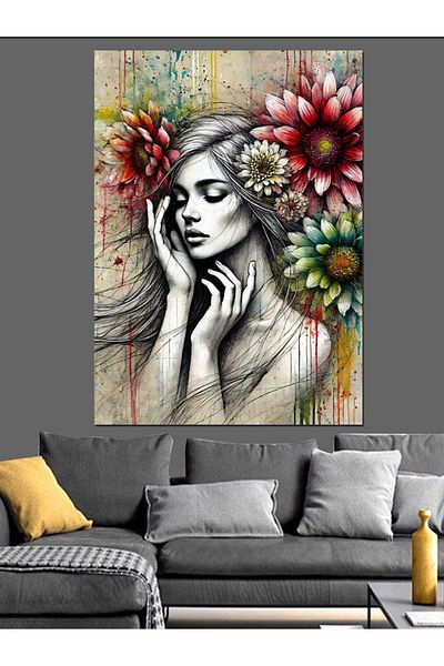 Tablomega Pictură Decorativă Femeie Portret Floral - Lemn MDF