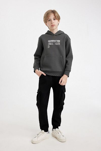 DeFacto Boy's Jogger Sweatpants - Black, Cargo Pocket, Waist Lace, Elastic Leg C7704A824Au