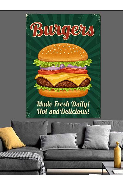Tablomega Canvas Decorativ Banner Retro Burger - MDF Lemn