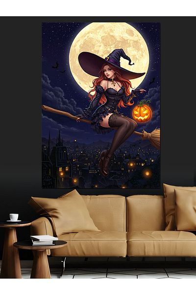 Tablomega Witch Flight in Moonlight Decorative Canvas - Mdf Wooden Painting