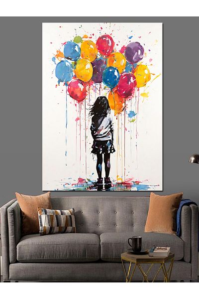 Tablomega Colorful Flying Balloons and Girl Decorative Canvas - Mdf Wooden Painting