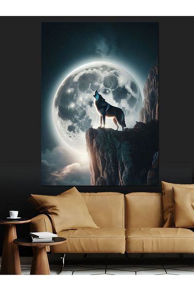 Tablomega Full Moon and Wolf Decorative Canvas - Mdf Wooden Painting