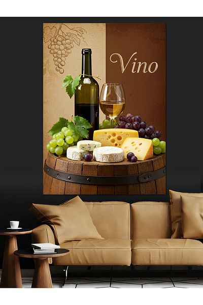Tablomega Wine, Cheese and Grapes Decorative Canvas - Mdf Wooden Painting